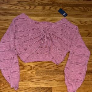 Hollister Pink V-Neck Sweater, Cropped With Center Drawstring